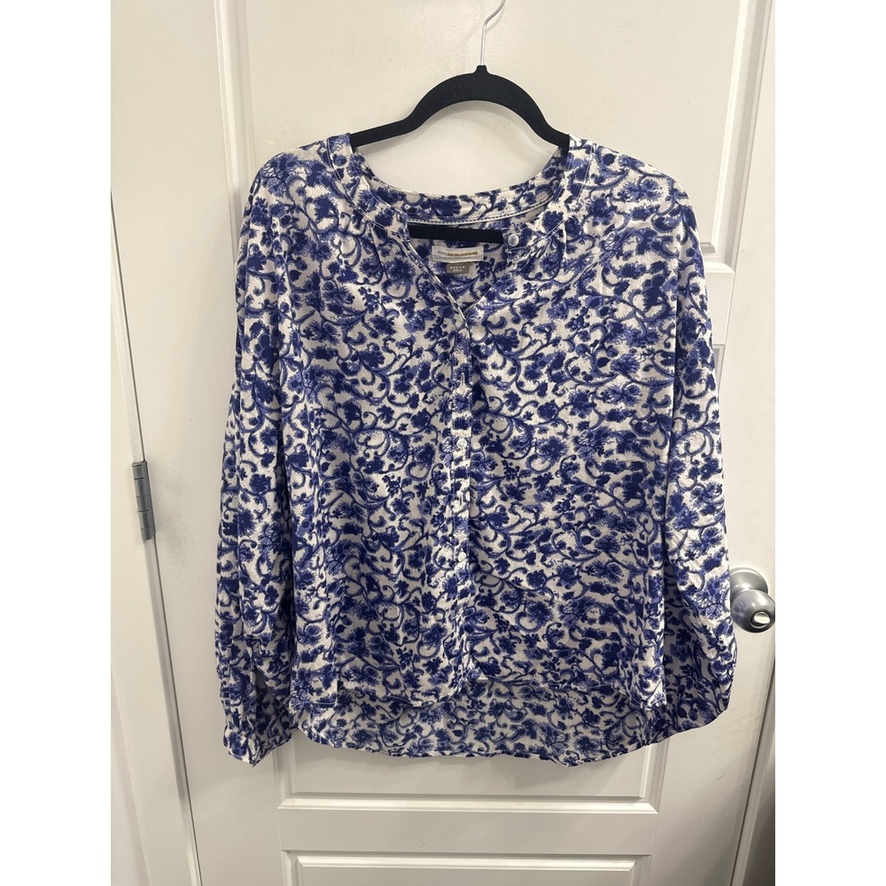 Pilcro Anthropologie Blue White Floral Toile Button Down Blouse Medium Floral
